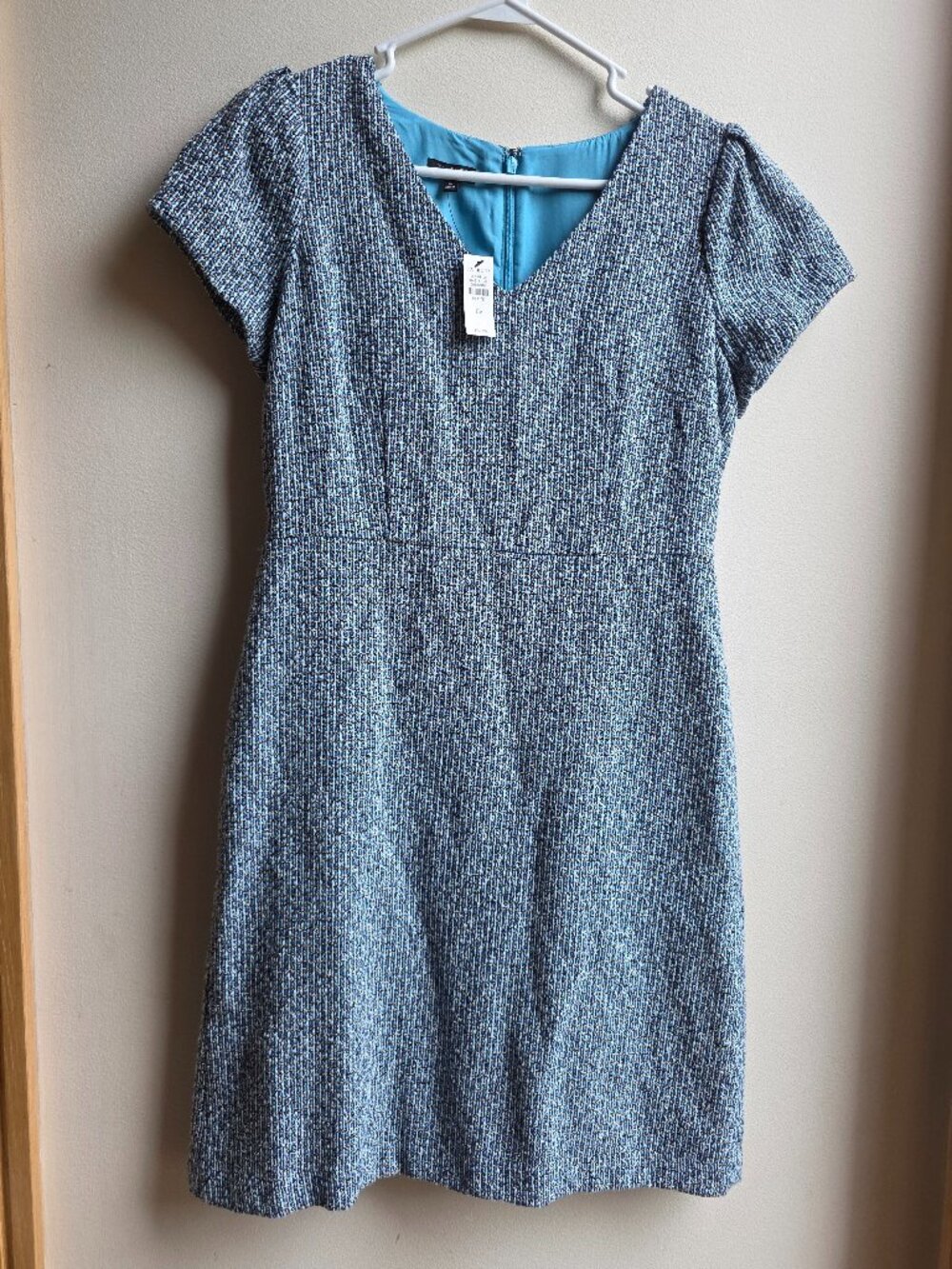 NWT Talbots Blue V-Neck Tweed Puffed Short Sleeve Dress Size 6 Petite